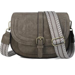 Women Grey Taupe Guitar Strap Imported Vegan Leather Small Saddle Crossbody Bags